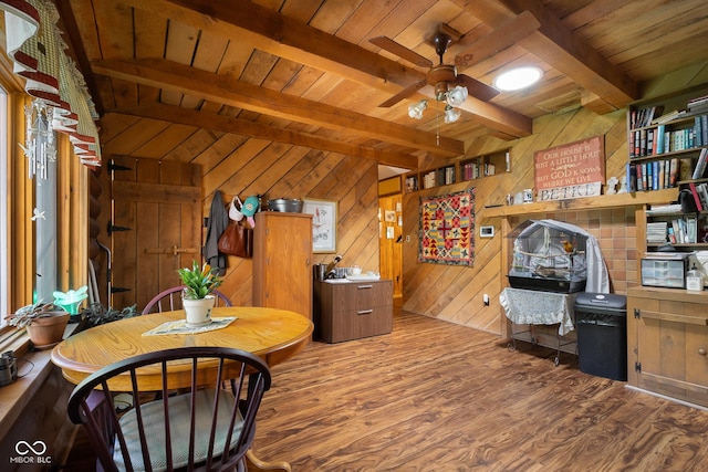 3370 E State Road 160, Salem, IN 47167 - dining space featuring wood walls, a wooden ceiling with exposed beams, wood finished floors, and a ceiling fan