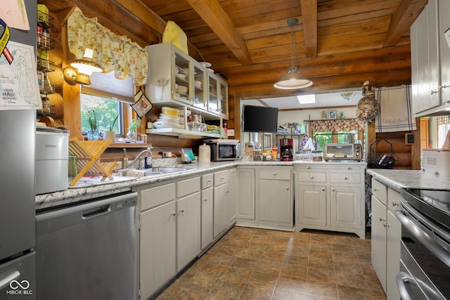 3370 E State Road 160, Salem, IN 47167 - kitchen with appliances with stainless steel finishes, stone finish floors, white cabinets, a wooden ceiling with exposed beams, and glass insert cabinets