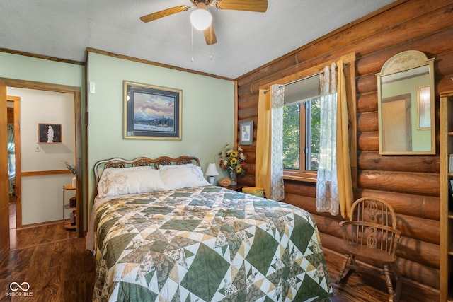 3370 E State Road 160, Salem, IN 47167 - bedroom with rustic walls, wood finished floors, crown molding, and ceiling fan