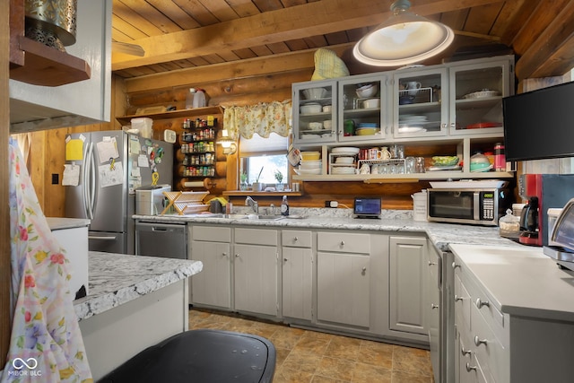 3370 E State Road 160, Salem, IN 47167 - kitchen with appliances with stainless steel finishes, a wood ceiling with exposed beams, glass insert cabinets, open shelves, and light stone finish floors