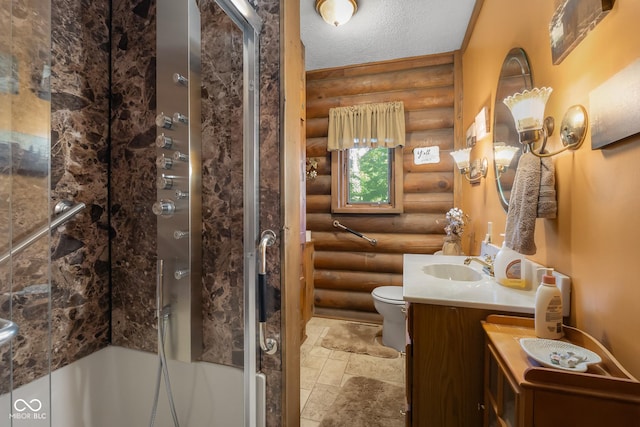 3370 E State Road 160, Salem, IN 47167 - full bathroom with rustic walls, a stall shower, vanity, and stone tile flooring
