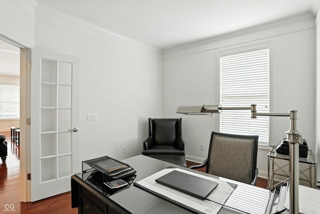 6570 Freemont Ln, Carmel, IN 46033 - office area with ornamental molding and dark wood-style floors