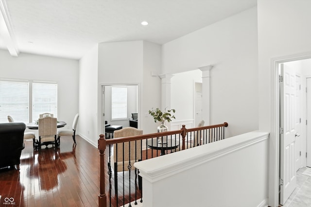 6570 Freemont Ln, Carmel, IN 46033 - hallway featuring an upstairs landing, plenty of natural light, hardwood / wood-style floors, and recessed lighting