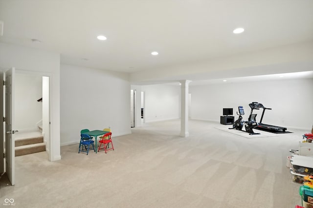 6570 Freemont Ln, Carmel, IN 46033 - finished basement featuring carpet floors, stairs, and recessed lighting