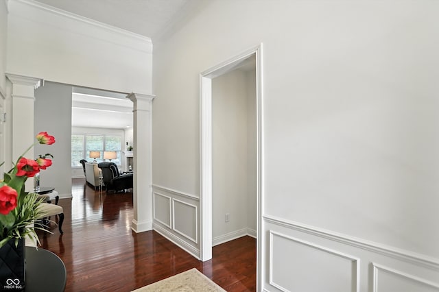 6570 Freemont Ln, Carmel, IN 46033 - hall with ornate columns, wood finished floors, ornamental molding, a decorative wall, and a wainscoted wall