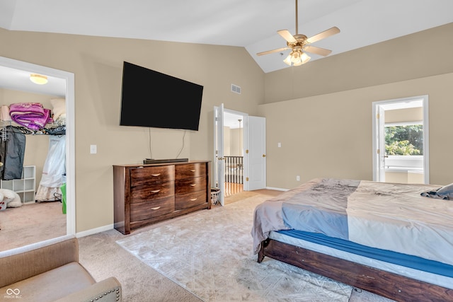 6374 Timberbluff Cir, Avon, IN 46123 - bedroom with carpet flooring, high vaulted ceiling, a walk in closet, ensuite bathroom, and a ceiling fan