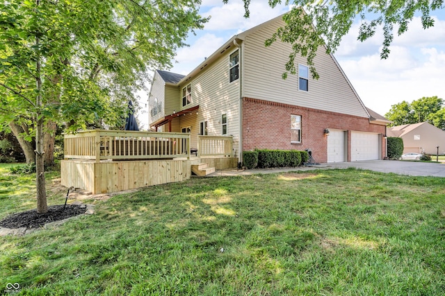 6374 Timberbluff Cir, Avon, IN 46123 - view of side of home featuring brick siding, asphalt driveway, a wooden deck, and a yard