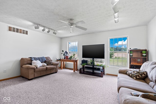 8638 W Flatwoods Rd, Gosport, IN 47433 - carpeted living room featuring track lighting, ceiling fan, and a textured ceiling
