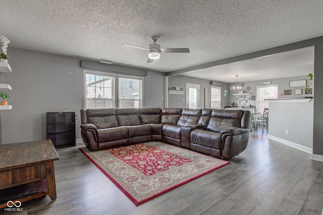 9593 W Constellation Dr, Pendleton, IN 46064 - living area with a ceiling fan, wood finished floors, a textured ceiling, and a chandelier