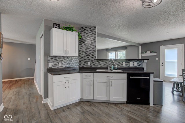 9593 W Constellation Dr, Pendleton, IN 46064 - kitchen with black dishwasher, a textured ceiling, tasteful backsplash, dark countertops, and wood finished floors
