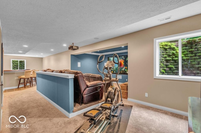 5865 Osage Dr, Carmel, IN 46033 - carpeted living area with a textured ceiling, healthy amount of natural light, and recessed lighting