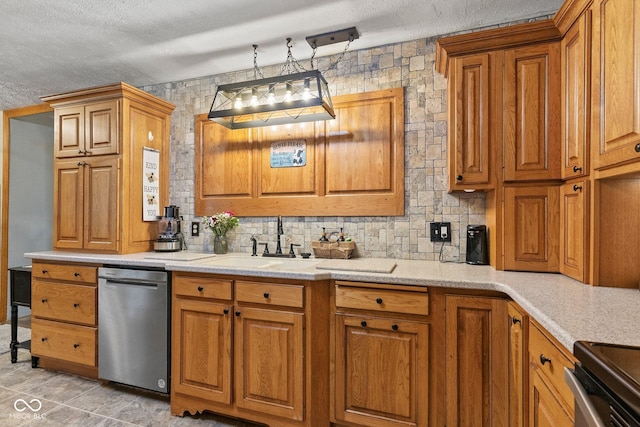 5110 W County Road 400 N, Scipio, IN 47273 - kitchen featuring appliances with stainless steel finishes, brown cabinets, light countertops, and a textured ceiling