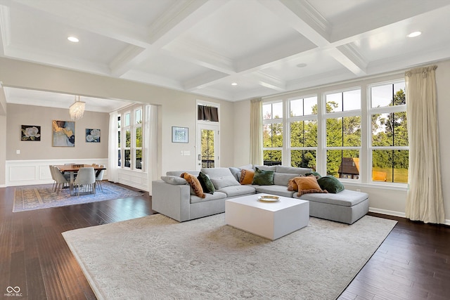 16711 Meadow Wood Dr, Noblesville, IN 46062 - living area featuring a chandelier, dark wood-type flooring, beamed ceiling, recessed lighting, and coffered ceiling