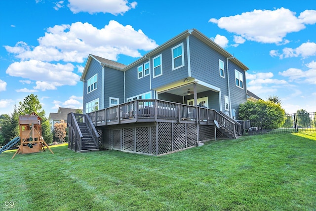 16711 Meadow Wood Dr, Noblesville, IN 46062 - back of property with stairway, a deck, a playground, and a ceiling fan