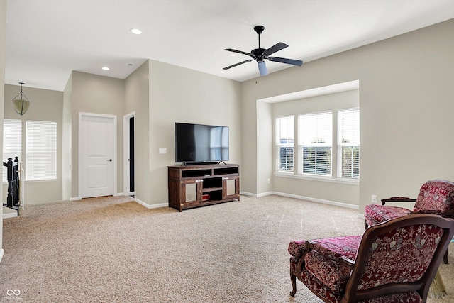 16711 Meadow Wood Dr, Noblesville, IN 46062 - living area with light carpet, a ceiling fan, and recessed lighting