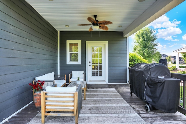 16711 Meadow Wood Dr, Noblesville, IN 46062 - wooden terrace with ceiling fan and grilling area