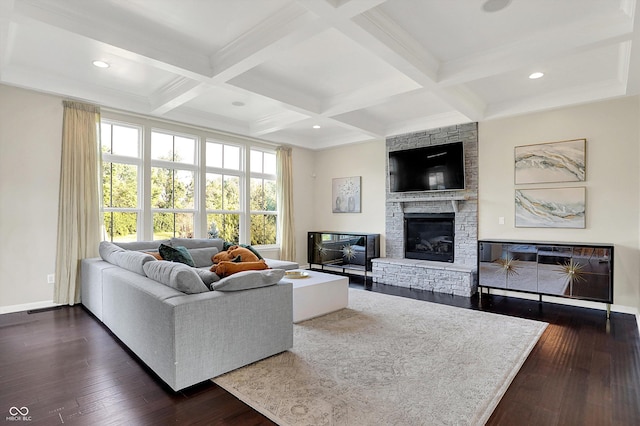 16711 Meadow Wood Dr, Noblesville, IN 46062 - living room featuring a fireplace, dark wood finished floors, beam ceiling, coffered ceiling, and recessed lighting