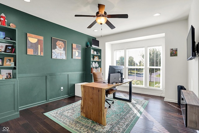 16711 Meadow Wood Dr, Noblesville, IN 46062 - office space featuring a ceiling fan, dark wood-type flooring, recessed lighting, and a wainscoted wall
