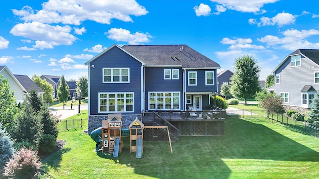 16711 Meadow Wood Dr, Noblesville, IN 46062 - rear view of property featuring a fenced backyard, a playground, a deck, and a residential view