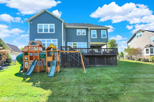 16711 Meadow Wood Dr, Noblesville, IN 46062 - rear view of property featuring a wooden deck, a playground, and stairway