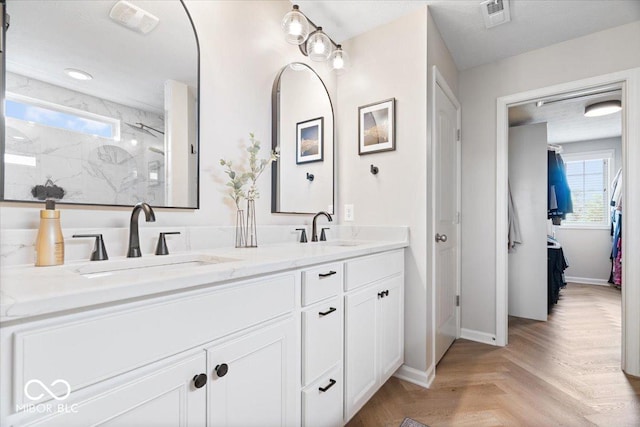 5542 Pennycress Dr, Noblesville, IN 46062 - bathroom featuring double vanity, a marble finish shower, and a closet