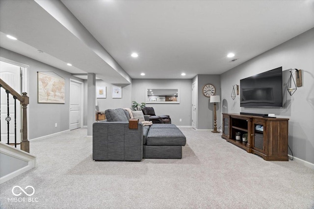 5542 Pennycress Dr, Noblesville, IN 46062 - living room featuring carpet floors, recessed lighting, and stairway
