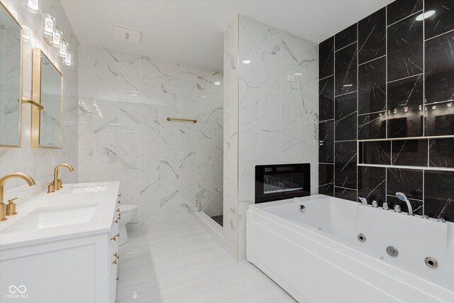 2125 N Pasadena St, Indianapolis, IN 46219 - full bath with tile walls, a jetted tub, double vanity, a marble finish shower, and a large fireplace