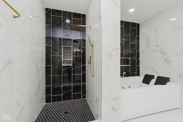 2125 N Pasadena St, Indianapolis, IN 46219 - bathroom featuring a whirlpool tub, tile walls, walk in shower, and recessed lighting