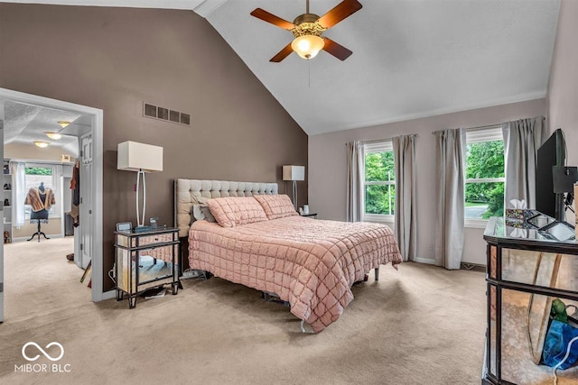 7502 Colony Cir, Indianapolis, IN 46260 - bedroom with light colored carpet, multiple windows, high vaulted ceiling, and ceiling fan