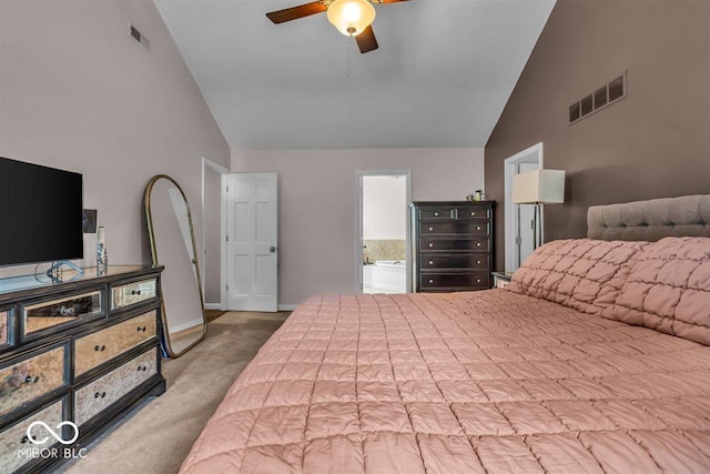 7502 Colony Cir, Indianapolis, IN 46260 - carpeted bedroom featuring high vaulted ceiling, ensuite bathroom, and a ceiling fan