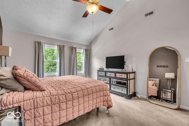 7502 Colony Cir, Indianapolis, IN 46260 - carpeted bedroom with a ceiling fan and high vaulted ceiling