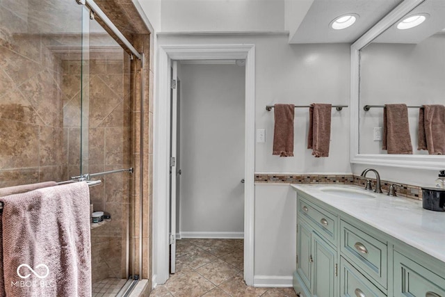 7502 Colony Cir, Indianapolis, IN 46260 - bathroom featuring vanity, a stall shower, and tile patterned flooring