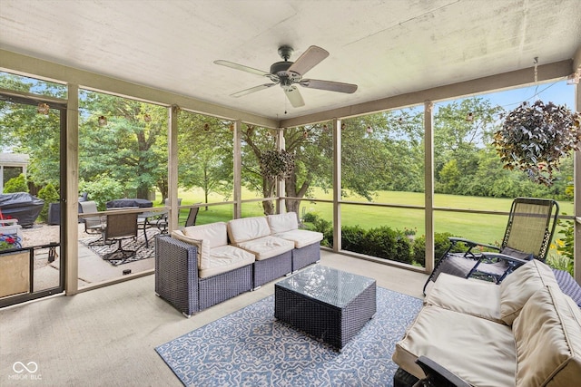 13470 Shakamac Dr, Carmel, IN 46032 - sunroom / solarium featuring outdoor lounge area, a ceiling fan, outdoor dining area, and view of scattered trees