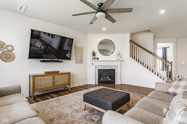 6902 Diamondleaf Way, Brownsburg, IN 46112 - living area featuring ceiling fan, wood finished floors, recessed lighting, stairway, and a tiled fireplace