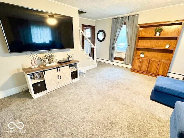 1076 N Old Highway 27, Winchester, IN 47394 - living room with a baseboard heating unit, light carpet, crown molding, stairway, and baseboard heating