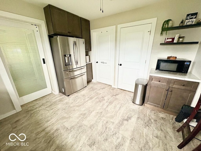 1076 N Old Highway 27, Winchester, IN 47394 - kitchen featuring stainless steel fridge, black microwave, open shelves, light countertops, and dark brown cabinetry
