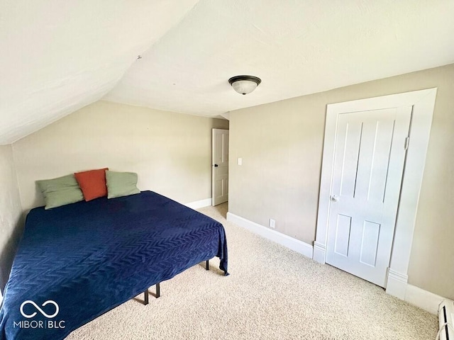 1076 N Old Highway 27, Winchester, IN 47394 - bedroom with light colored carpet, lofted ceiling, and a baseboard heating unit