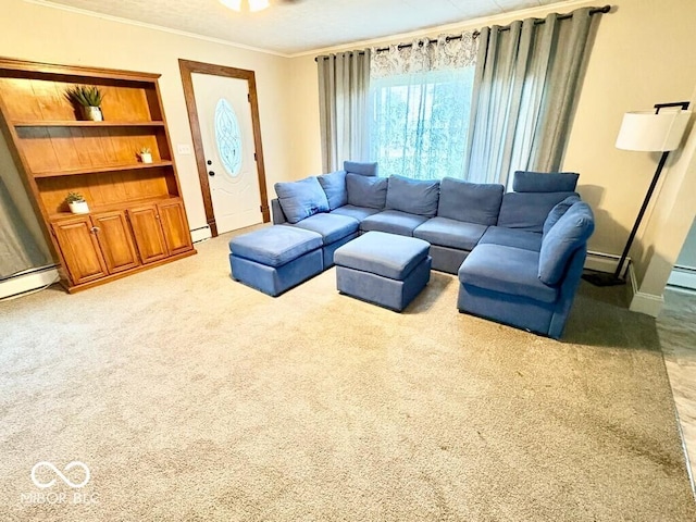 1076 N Old Highway 27, Winchester, IN 47394 - carpeted living room featuring ornamental molding, healthy amount of natural light, and a baseboard heating unit