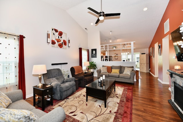 9022 Hosta Way, Camby, IN 46113 - living room with wood finished floors, a ceiling fan, high vaulted ceiling, and recessed lighting