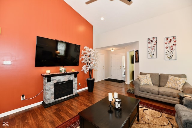 9022 Hosta Way, Camby, IN 46113 - living room with wood finished floors, a ceiling fan, and a stone fireplace