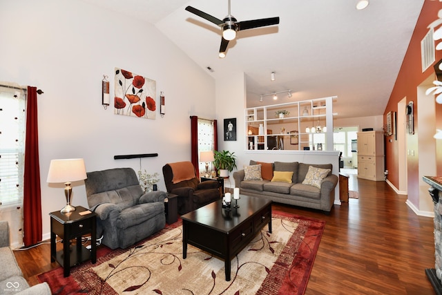 9022 Hosta Way, Camby, IN 46113 - living area with ceiling fan, lofted ceiling, and wood finished floors