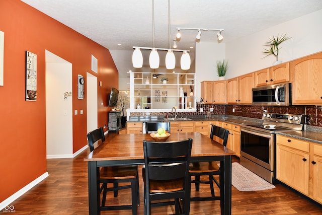 9022 Hosta Way, Camby, IN 46113 - kitchen with stainless steel appliances, light brown cabinets, dark countertops, backsplash, and a textured ceiling