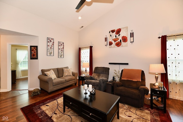 9022 Hosta Way, Camby, IN 46113 - living area featuring wood finished floors, a ceiling fan, and high vaulted ceiling