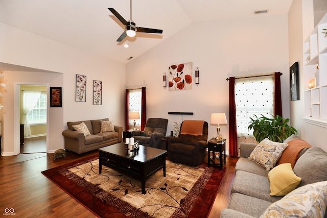 9022 Hosta Way, Camby, IN 46113 - living area with wood finished floors, a ceiling fan, and high vaulted ceiling