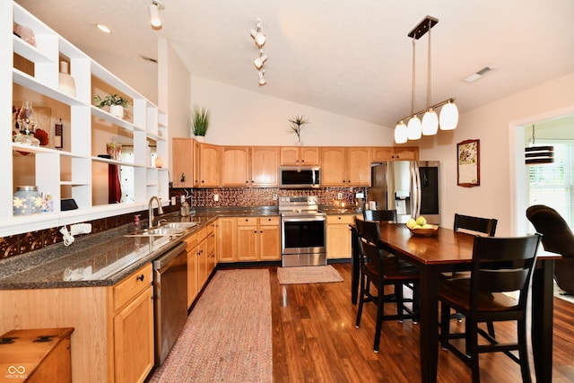 9022 Hosta Way, Camby, IN 46113 - kitchen with stainless steel appliances, light brown cabinets, dark wood-style floors, backsplash, and decorative light fixtures