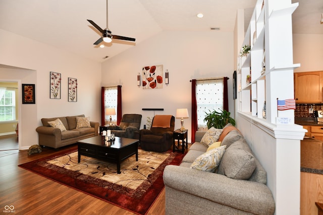 9022 Hosta Way, Camby, IN 46113 - living room featuring wood finished floors, ceiling fan, and high vaulted ceiling