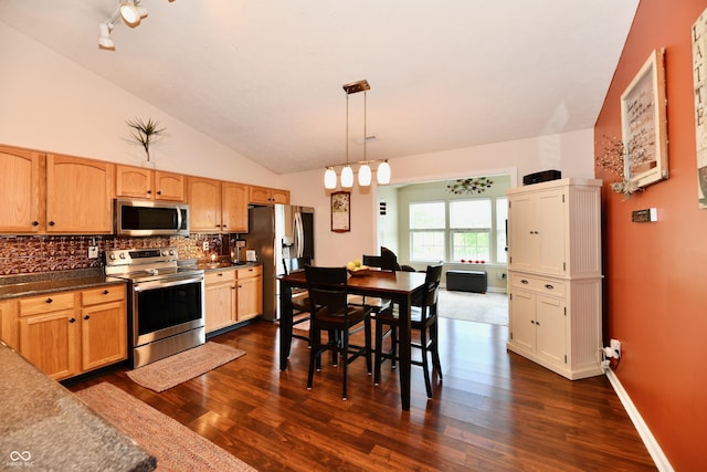 9022 Hosta Way, Camby, IN 46113 - kitchen with appliances with stainless steel finishes, tasteful backsplash, dark wood-type flooring, vaulted ceiling, and hanging light fixtures