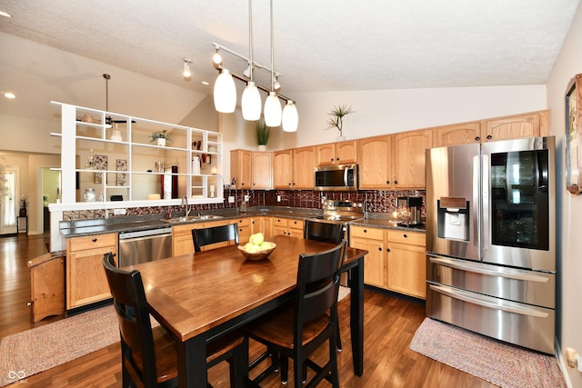 9022 Hosta Way, Camby, IN 46113 - kitchen with stainless steel appliances, vaulted ceiling, light brown cabinetry, dark countertops, and a peninsula