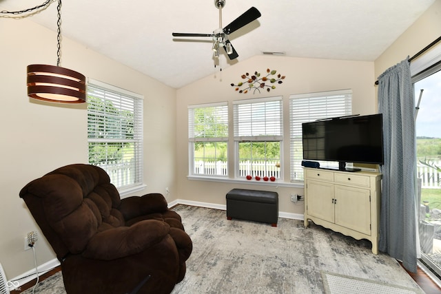 9022 Hosta Way, Camby, IN 46113 - sitting room with a ceiling fan, vaulted ceiling, and wood finished floors