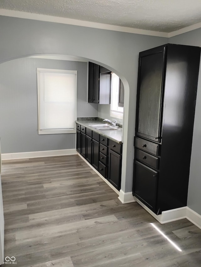 94 N Routiers Ave, Indianapolis, IN 46219 - kitchen featuring arched walkways, light wood-style floors, a textured ceiling, and dark cabinets